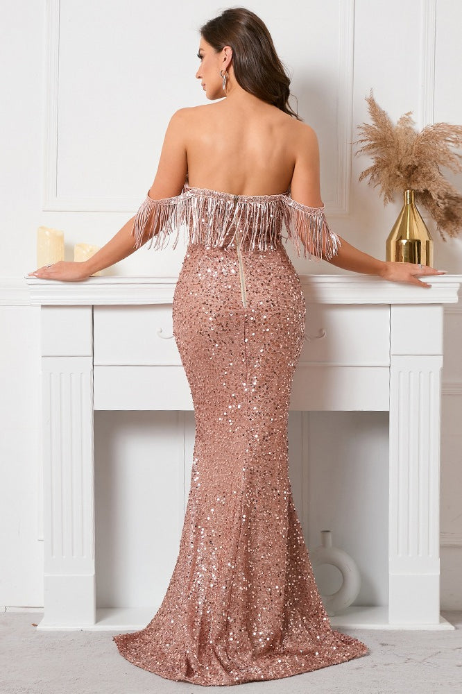 Boat Neck Bandeau Sequin Fringe Mermaid Maxi Sequin Dress - View 4 | VelvetHem
