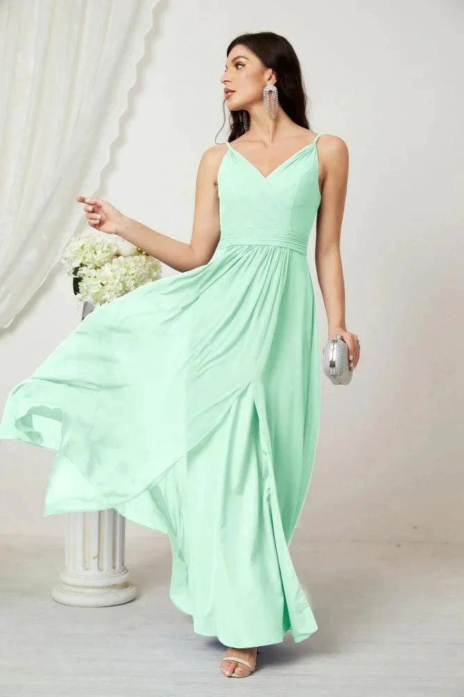 Numbersea Chiffon V-Neck Bridesmaid Dress Spaghetti Strap Long Formal Party Prom Gowns with Slit 28010 by numbersea