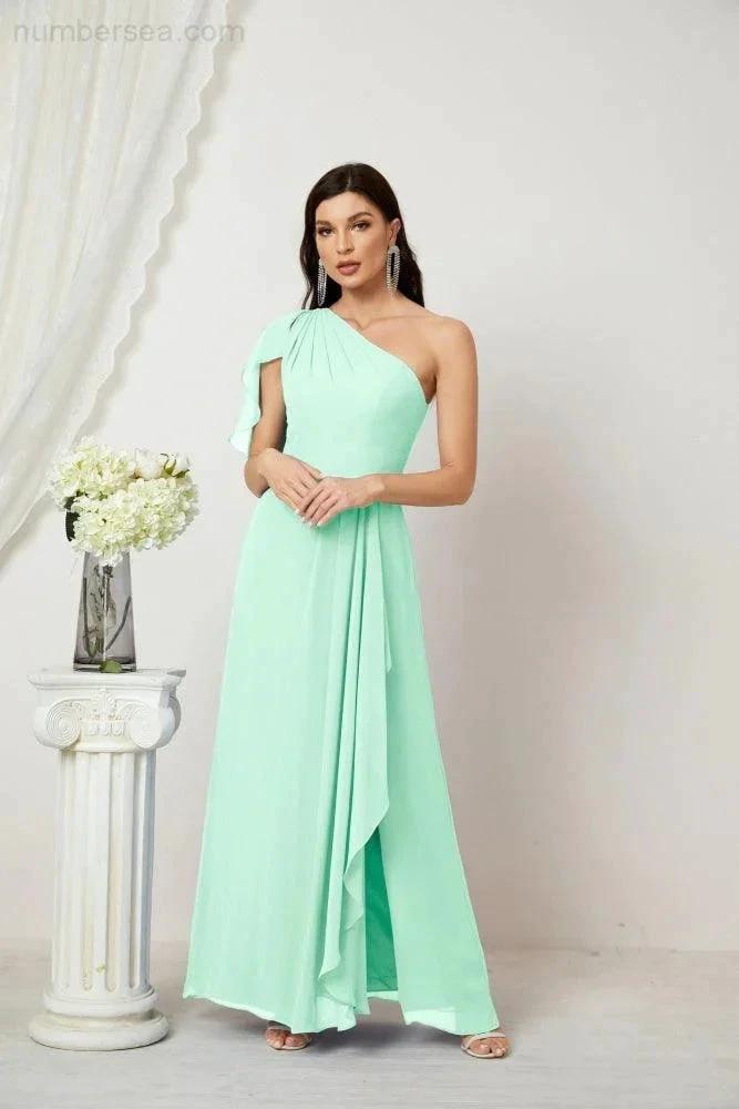 ZapDress  Chiffon Ruffled One Shoulder Long Bridesmaid Dresses A-line Formal Evening Gown Side Split 2809 (ZD17049)