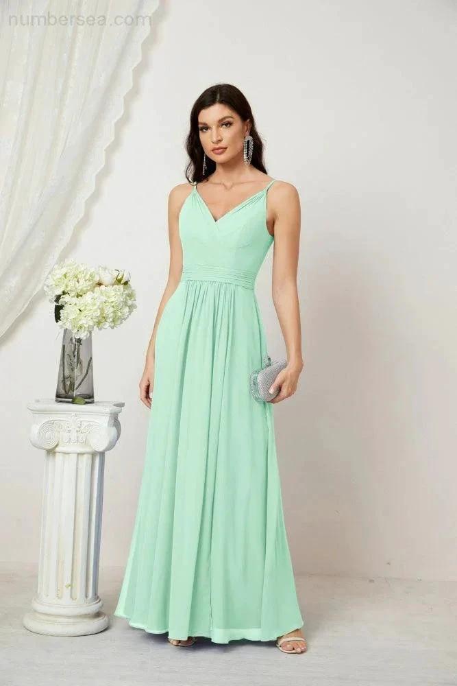 ZapDress Chiffon V-Neck Bridesmaid Dress Spaghetti Strap Long Formal Party Prom Gowns with Slit 28010 (ZD17028)