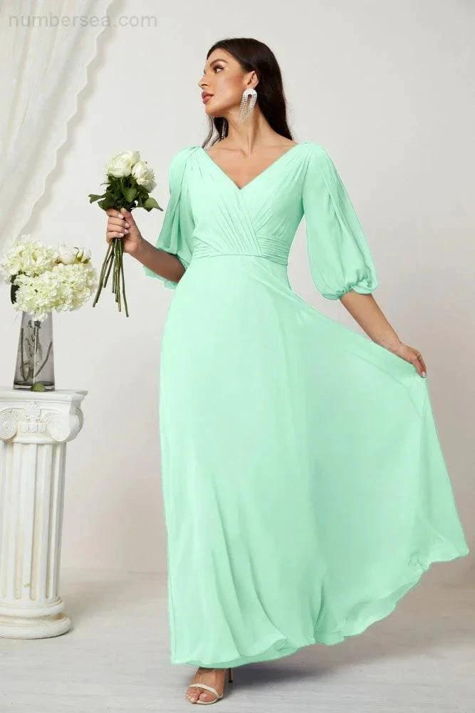 ZapDress  Formal Prom Gown Women V-Neck Chiffon Bridesmaid Dresses Long Bishop Sleeve Party Dress 2807 (ZD17027)