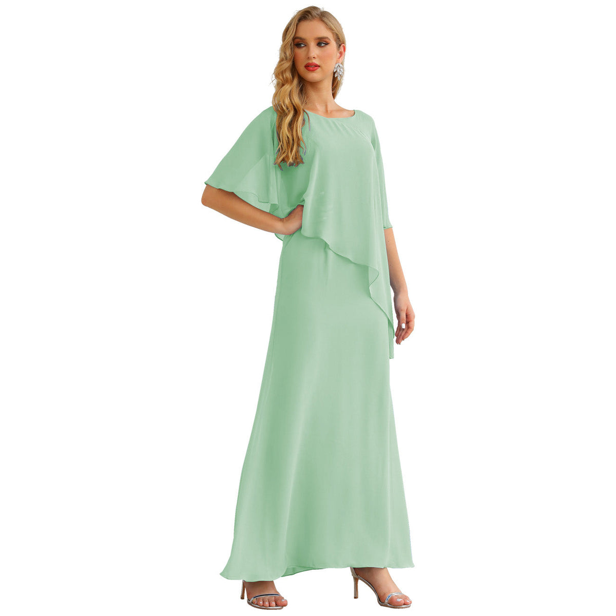Sunnderly Chiffon Plus Size Mother of The Bride Dresses Formal Prom Gown Ruffle Cape