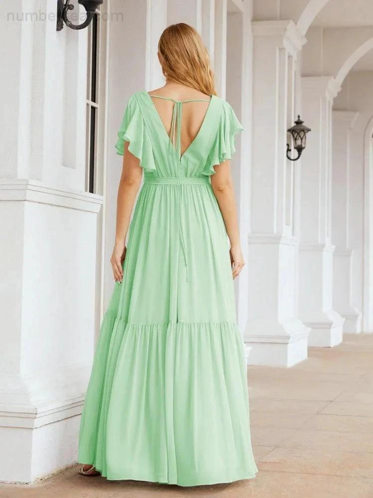 ZapDress Women's Open Back Formal Evening Party Prom Gowns V-Neck Long Chiffon Bridesmaid Dresses with Waist Belt 28038 (ZD17000)