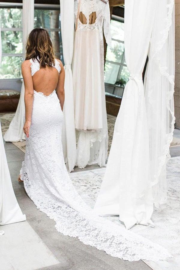 Sheath High Neck Sweep Train Open Back Lace Wedding Dress with Split (ZD15342)