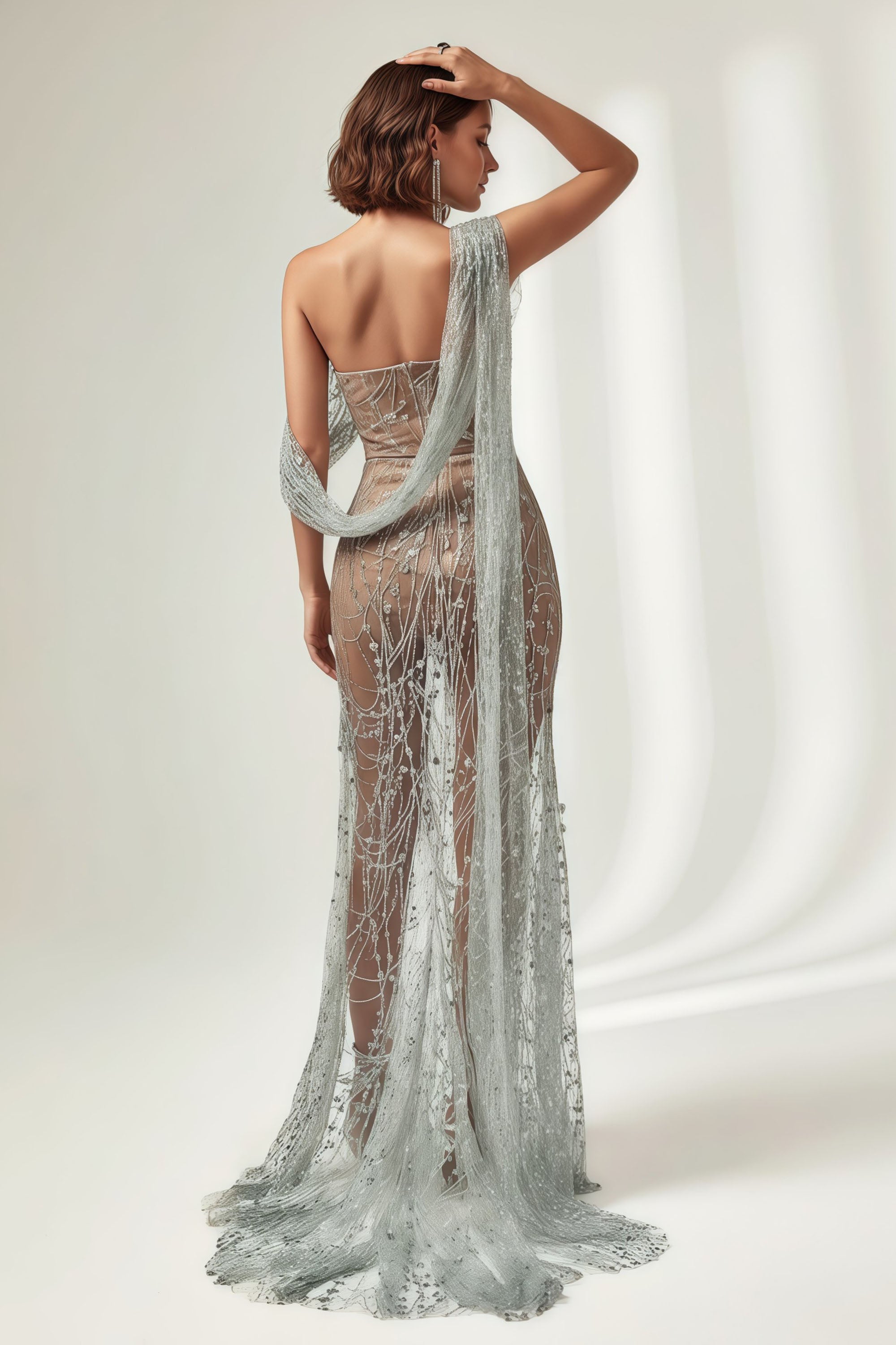 V-Neck Maxi Dress with Bodysuit Liner and Asymmetric Shoulder Cape