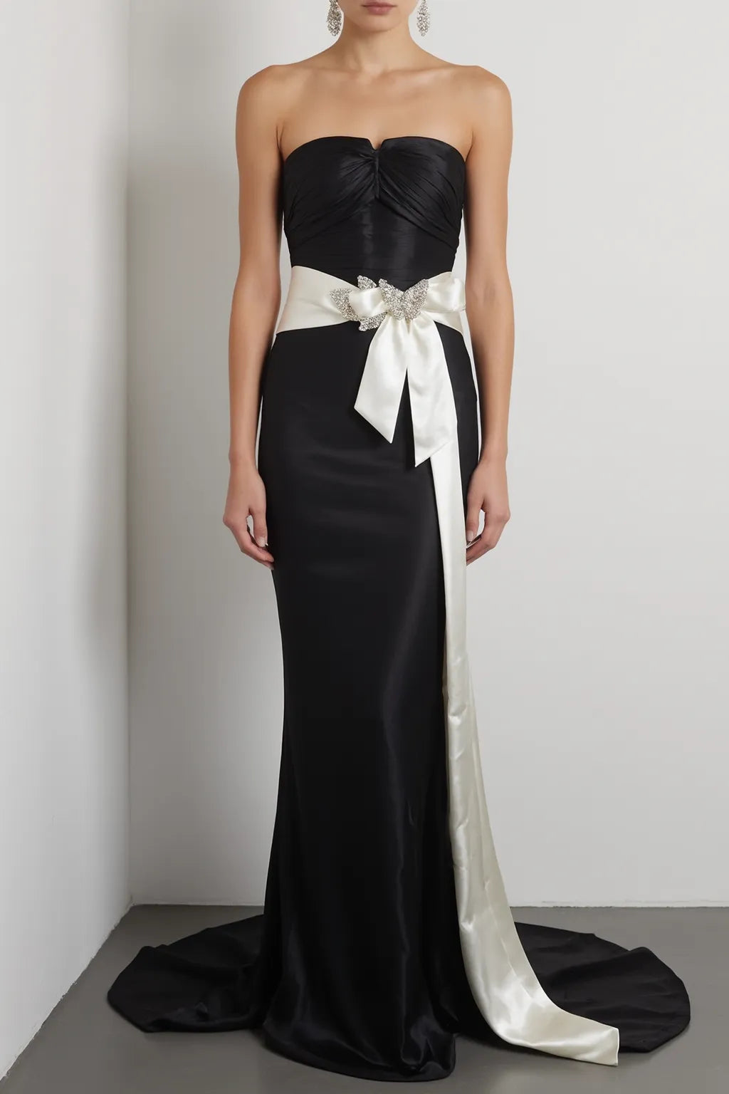 Elegant Evening Dress Satin Strapless Mermaid White Belt Rhinestone Dress - FashionDia