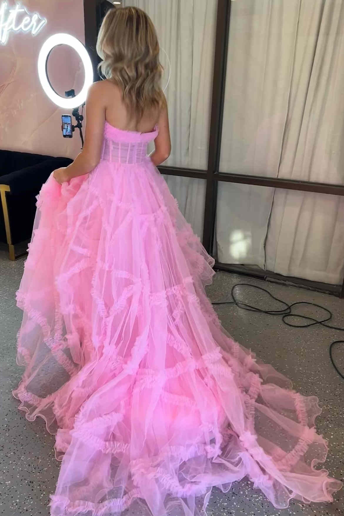 Stunning A Line Strapless Fuchsia Corset Prom Dress with Sweep Train