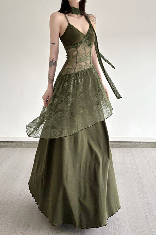 Lace Trim Sheer Waist Tie Cami Maxi Lace Dress - View 3 | VelvetHem