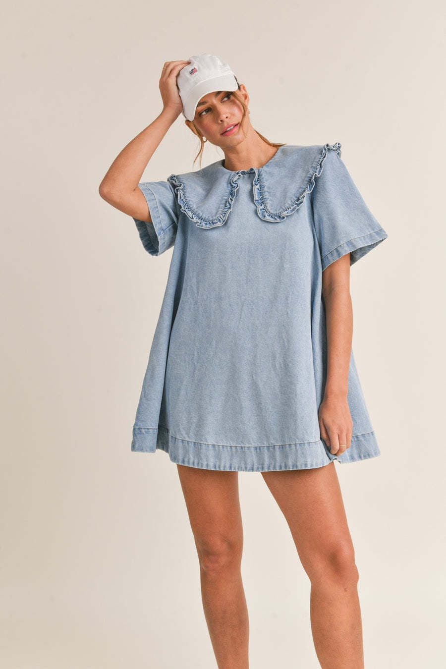 Ruffled Collar Denim Dress - View 2 | VelvetHem