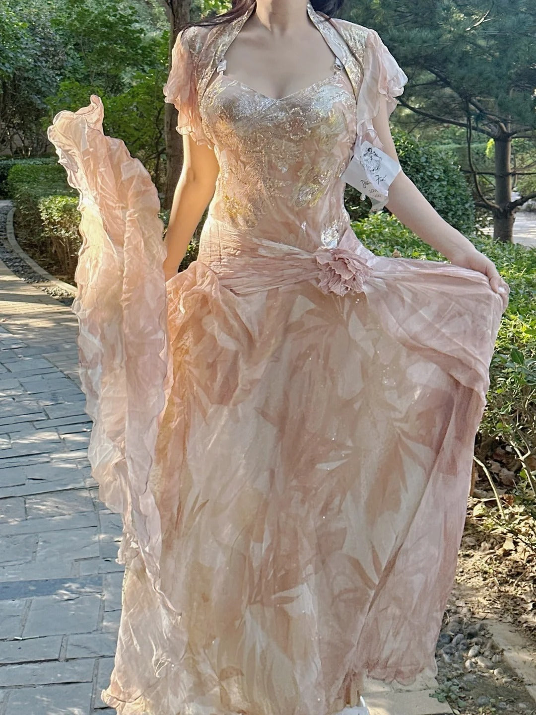 Pretty Pink Floral Print A-Line Chiffon Long Prom & Evening Dress - FashionDia