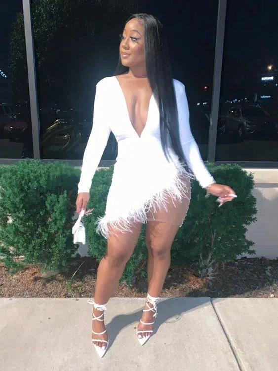 Solid Plunge Fluffy Irregular Party Dress White Dresses Sexy White Homecoming Dress (ZD12553)