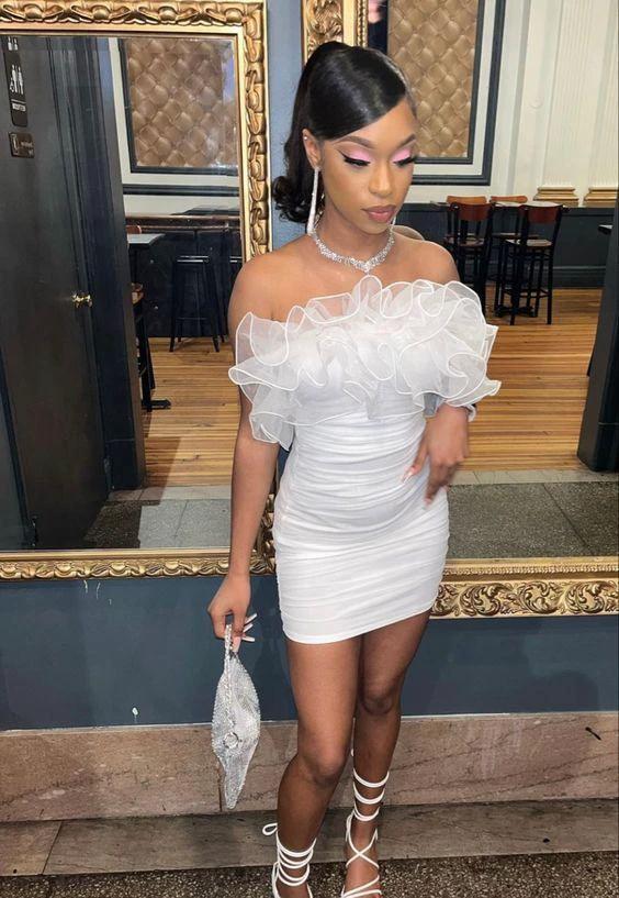 White Short Homecoming Dress With Ruffles Sexy Hoco Dresses (ZD12218)