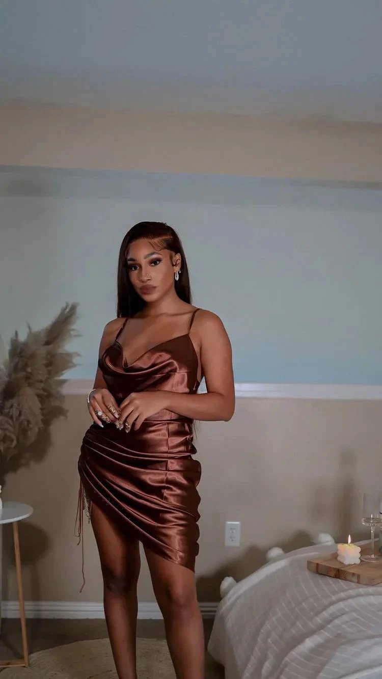 Brown Spaghetti Straps Silk Dress Sexy Homecoming Dress Y352 by simplepromdress