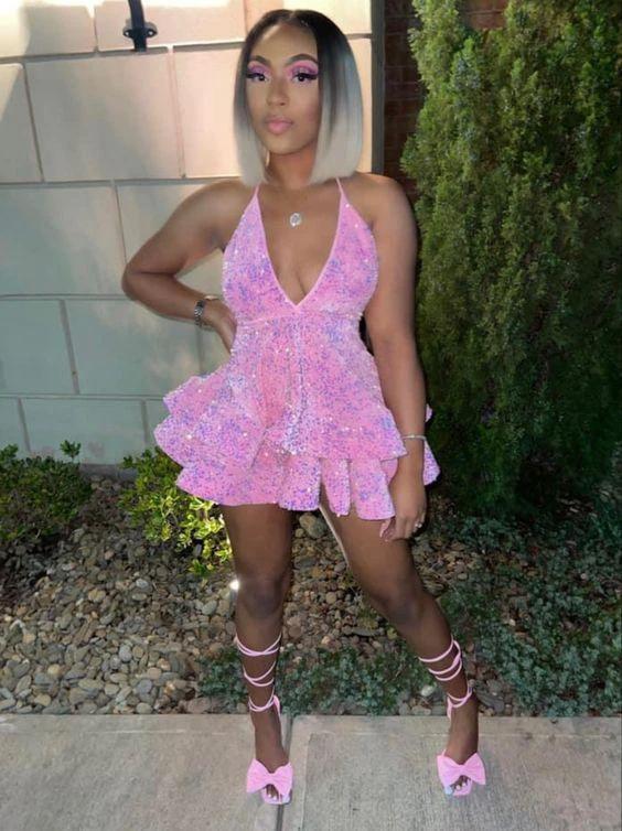 Sexy Pink Sequin Short Homecoming Dresses Mini Halter Neck Backless African Black Girl Party Graduation Dress (ZD12550)