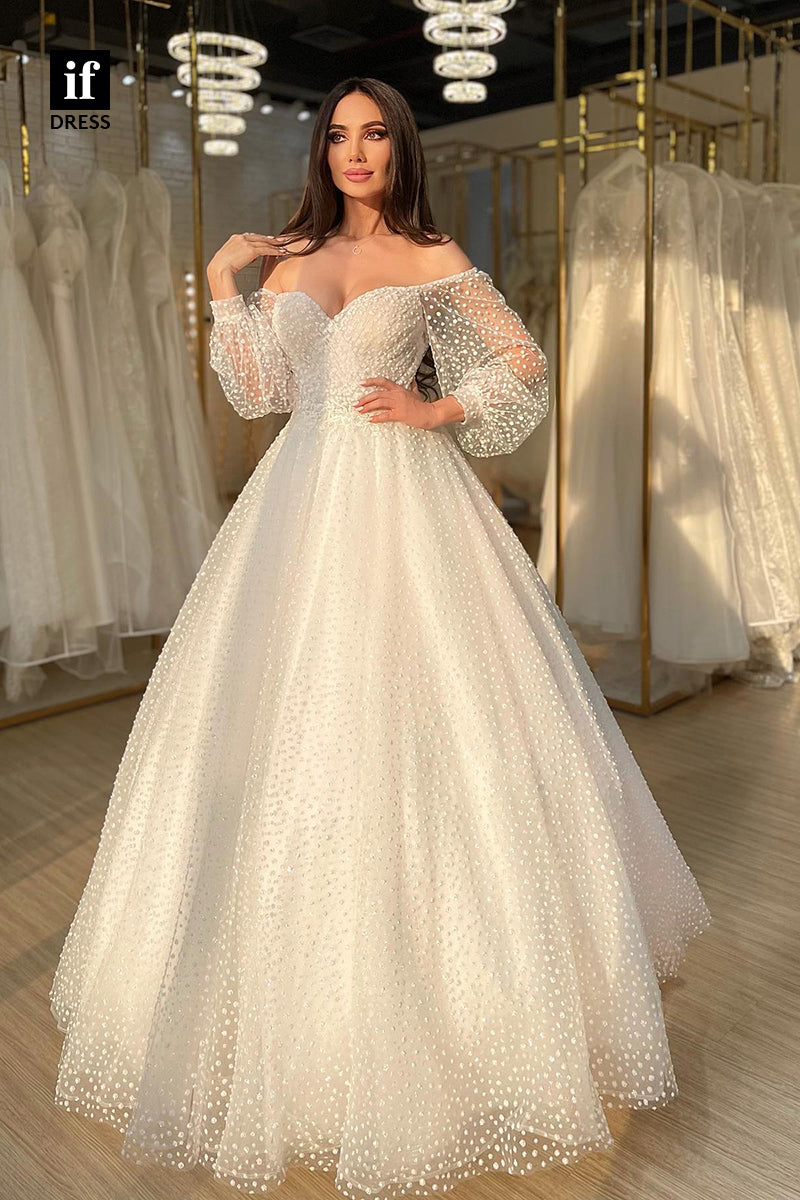 31570 - Romantic A-Line Off-Shoulder Long Sleeves Tulle Wedding Dress