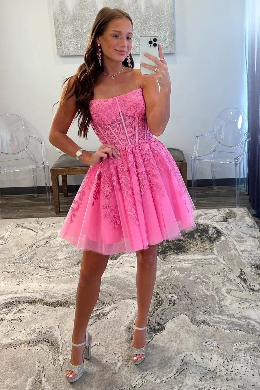 Hearty Hot Pink Prom Dresses Lace Tulle Strapless Pleat Ruched Above Knee Homecoming Dress vestidos de graduación