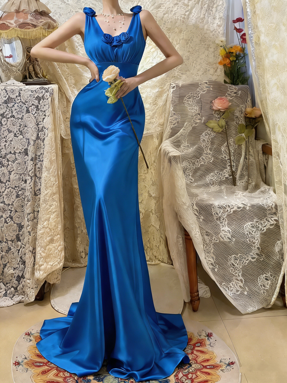 Pretty Pink V-Neck Satin Mermaid Long Wedding Guest Dress Formal Birthday Prom Dress Party Gown - View 10 | FashionDia
