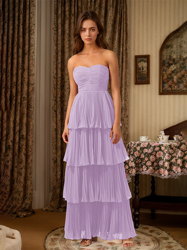Burgundy A-Line Sweetheart Floor-Length Tiered Chiffon Bridesmaid Dress