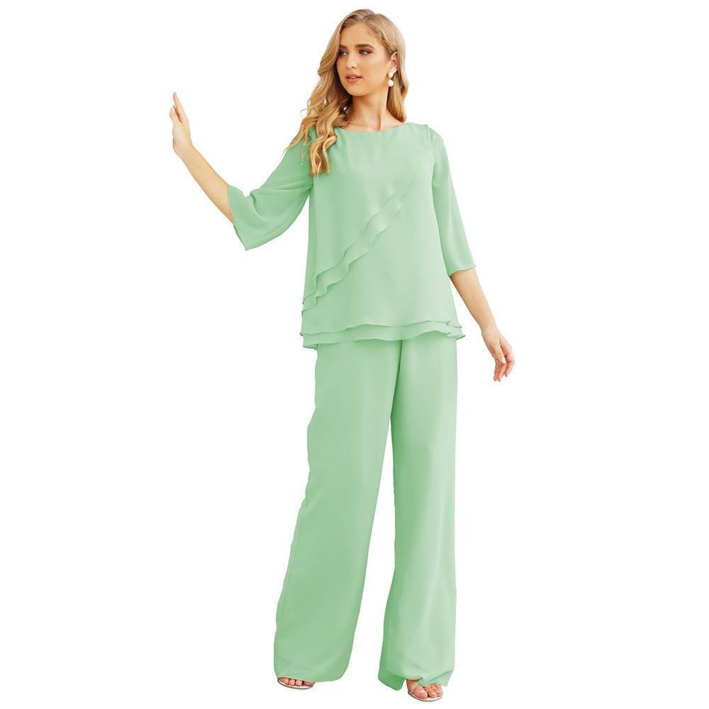 Sunnderly Chiffon Mother of The Bride Dress Plus Size Pant Suits Ruffle Layers