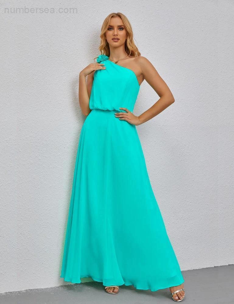 Ruffled One Shoulder Sleeveless Long Bridesmaid Dresses A-line Formal Evening Gown Side Split 28080 (ZD17018)