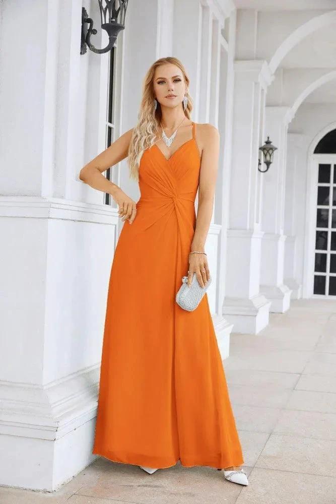 Ladies Chiffon Spaghetti Strap V Neck Front Slit Floor Length Bridesmaid Evening Dress Prom Party Wedding Evening Dress 28116 by numbersea