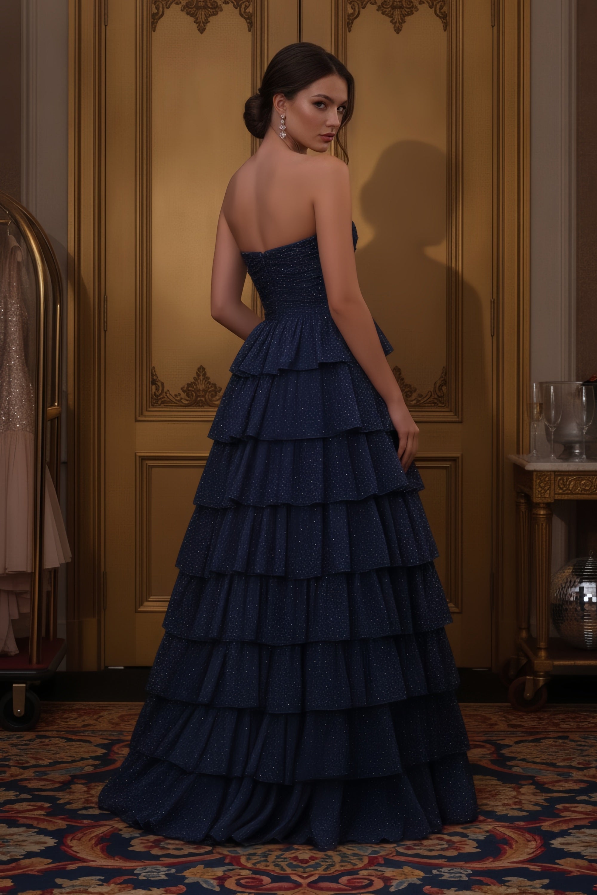 Strapless Tiered Ruffle Evening Gown with Cutout Bodice