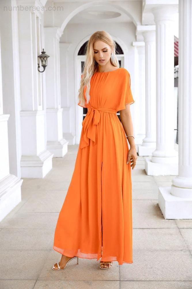 Ladies Chiffon Sleeve Crew Neck Front Slit Floor Length Bridesmaid Evening Dress Wedding Party Evening Dress 28124 (ZD17007)