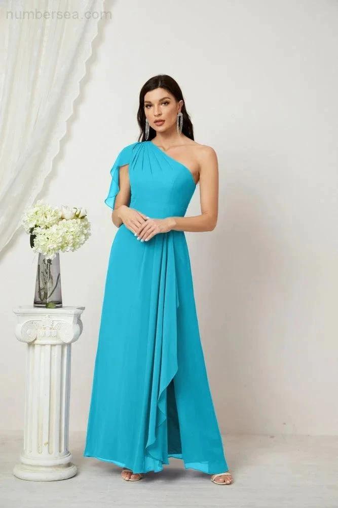 ZapDress  Chiffon Ruffled One Shoulder Long Bridesmaid Dresses A-line Formal Evening Gown Side Split 2809 (ZD17049)