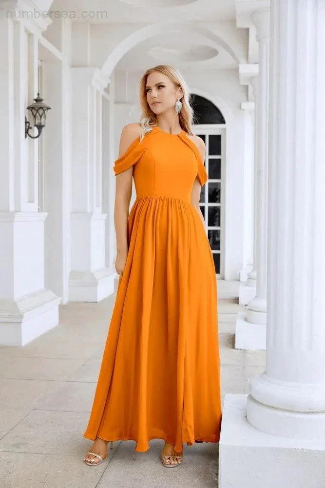Ladies Chiffon Off Shoulder Swing Sleeve Front Slit Bridesmaid Evening Dress Wedding Party Evening Dress 28117 (ZD17011)