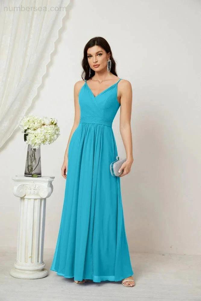 ZapDress Chiffon V-Neck Bridesmaid Dress Spaghetti Strap Long Formal Party Prom Gowns with Slit 28010 (ZD17028)