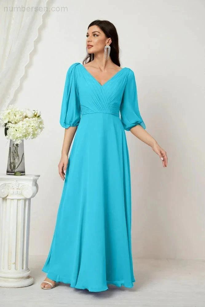 ZapDress  Formal Prom Gown Women V-Neck Chiffon Bridesmaid Dresses Long Bishop Sleeve Party Dress 2807 (ZD17027)