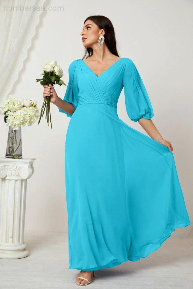 ZapDress  Formal Prom Gown Women V-Neck Chiffon Bridesmaid Dresses Long Bishop Sleeve Party Dress 2807 (ZD17027)