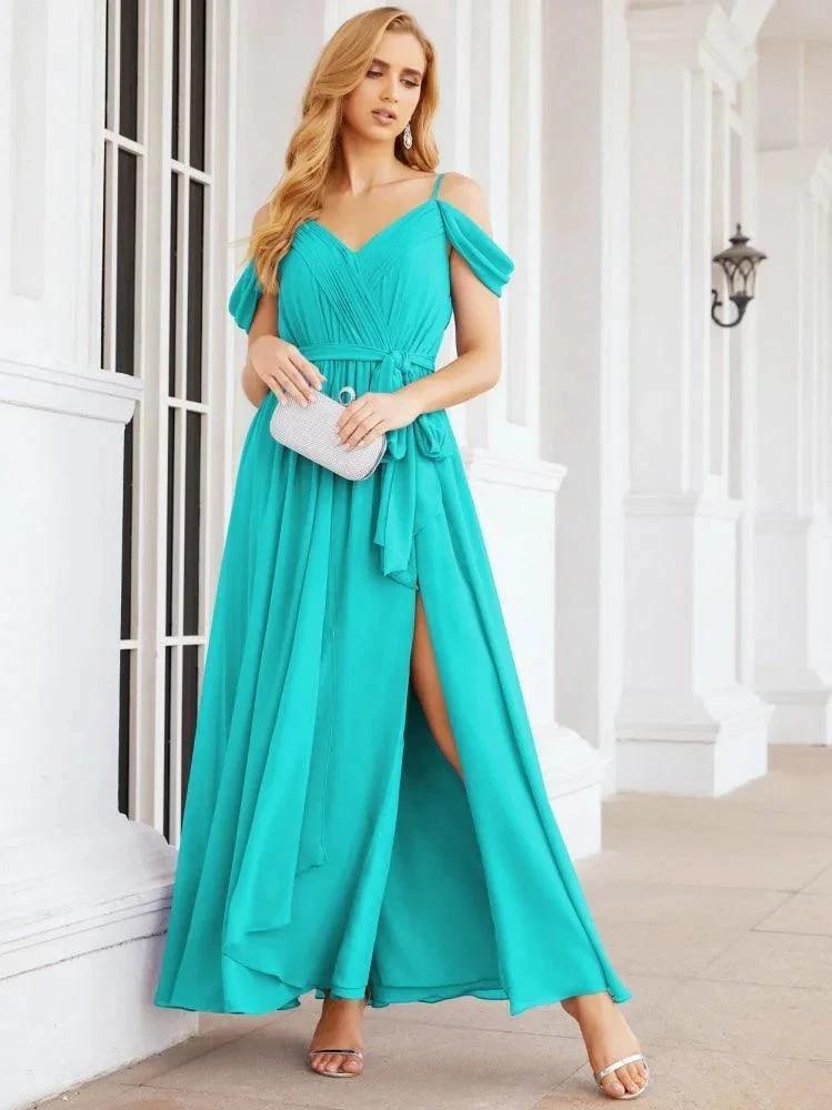 Numbersea Off The Shoulder Chiffon Bridesmaid Dress Long Formal Graduation Gown with Cowl Back 28069 by numbersea
