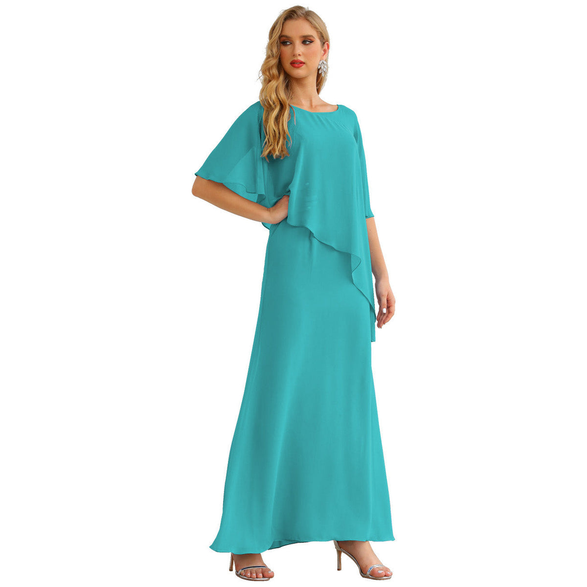 Sunnderly Chiffon Plus Size Mother of The Bride Dresses Formal Prom Gown Ruffle Cape