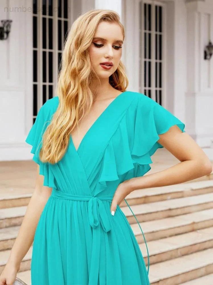 ZapDress Women's Open Back Formal Evening Party Prom Gowns V-Neck Long Chiffon Bridesmaid Dresses with Waist Belt 28038 (ZD17000)