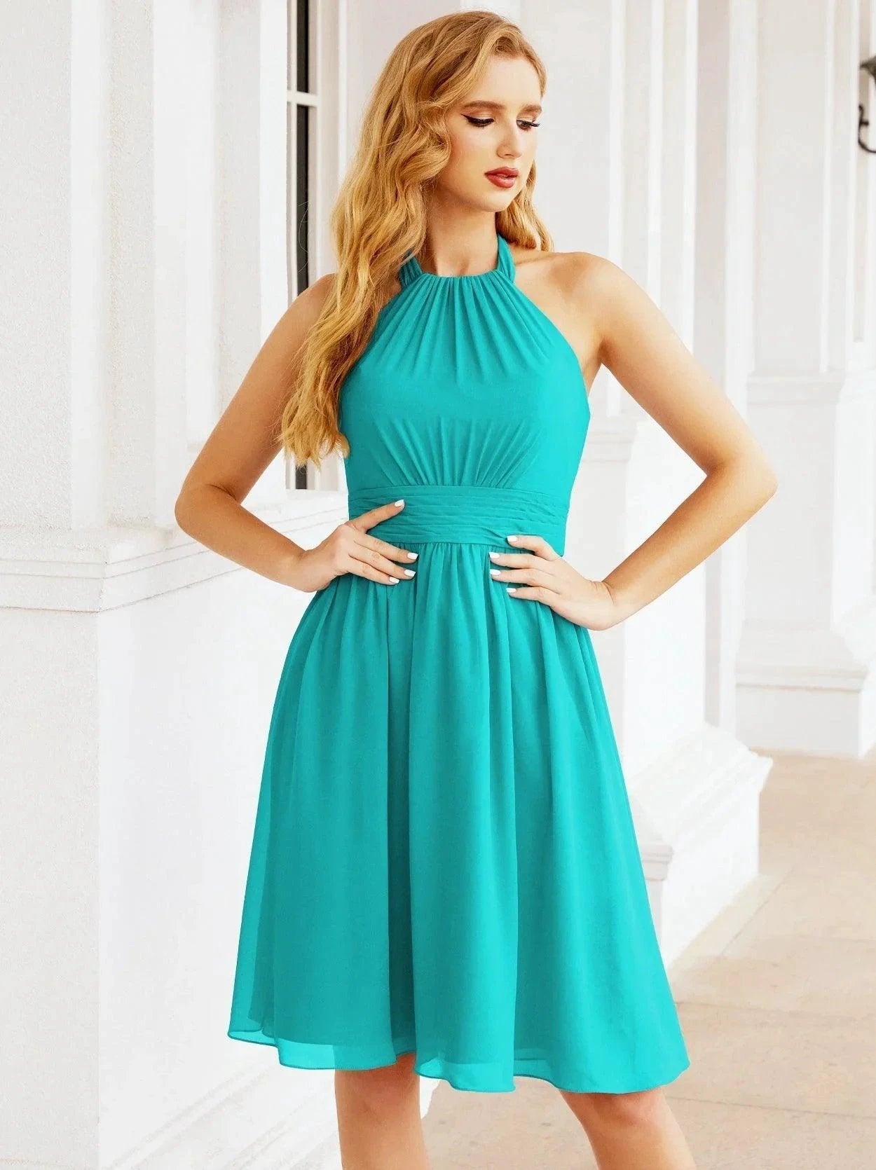 ZapDress Halter Chiffon Bridesmaid Dresses Short Sleeveless Formal Party Dress Open Back 28023 (ZD16957)