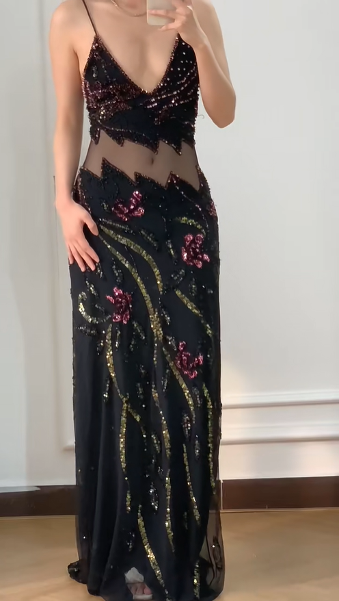 Vintage Black Mermaid Beaded Sequined Floral Cutout Tulle Long Prom Dress Evening Dress