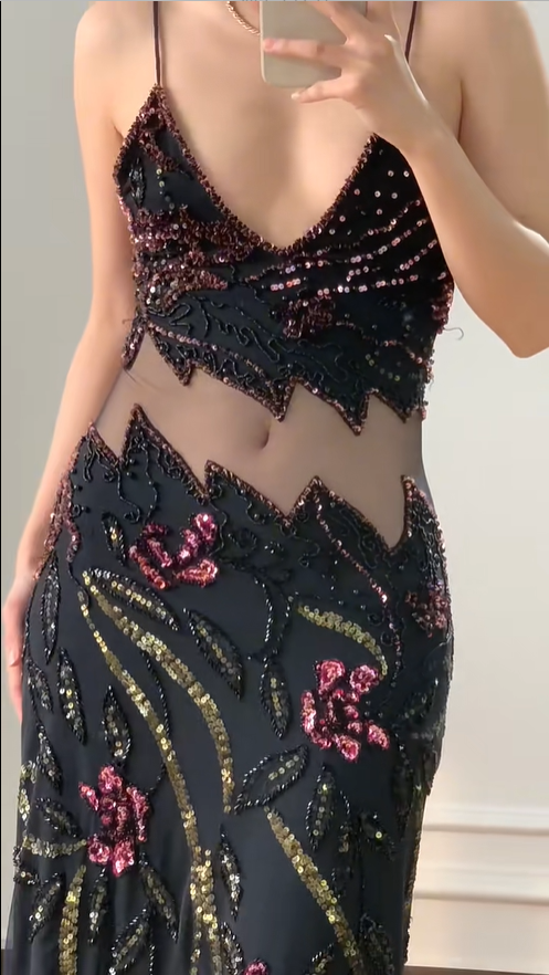 Vintage Black Mermaid Beaded Sequined Floral Cutout Tulle Long Prom Dress Evening Dress