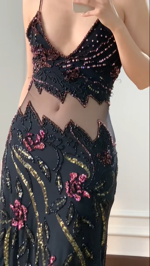 Vintage Black Mermaid Beaded Sequined Floral Cutout Tulle Long Prom Dress Evening Dress