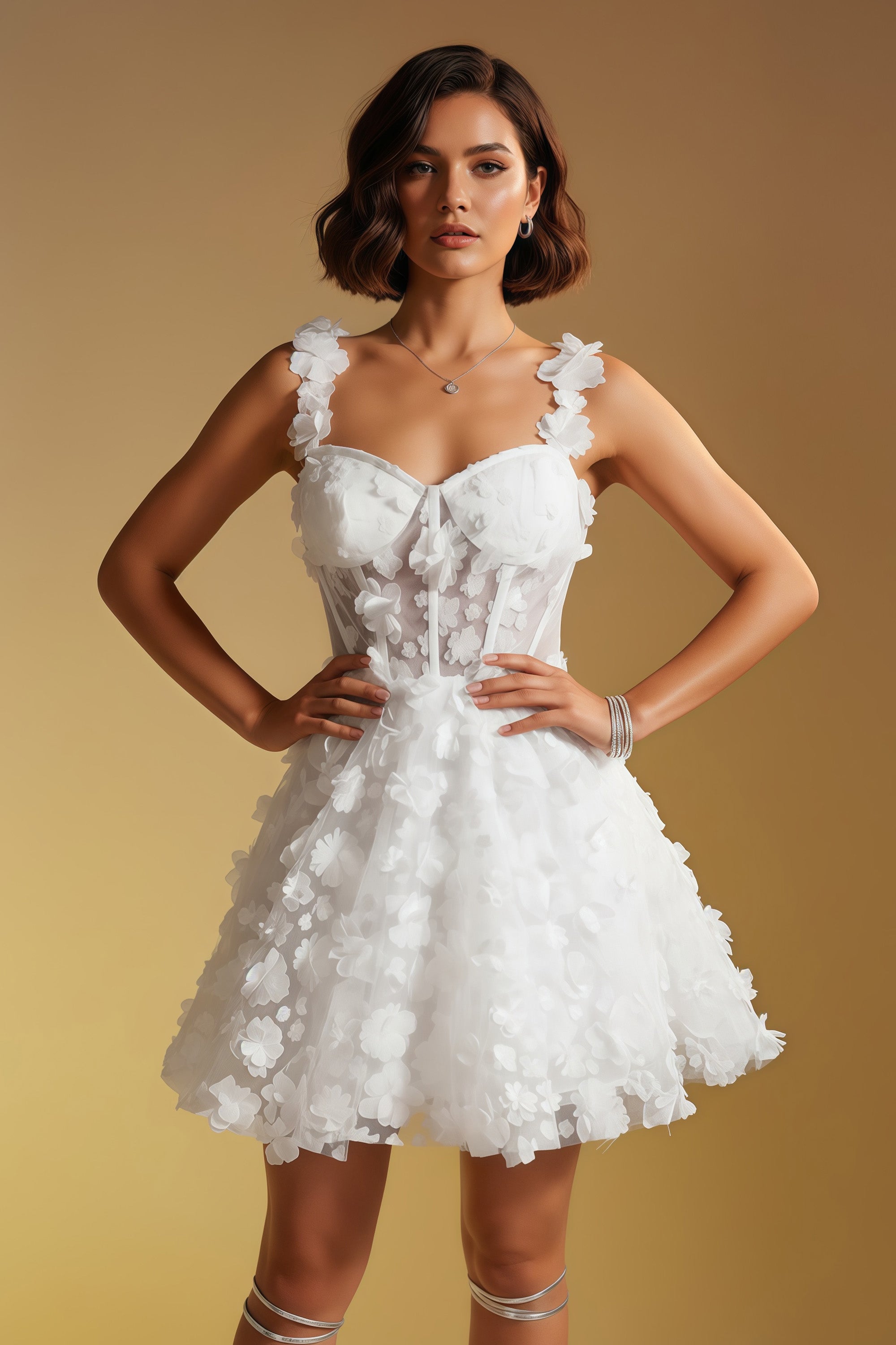 3D Floral Applique Mesh Corset Homecoming Mini Dress
