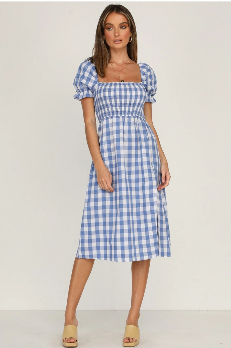 Rye Puff Sleeve Gingham Midi Dress Navy