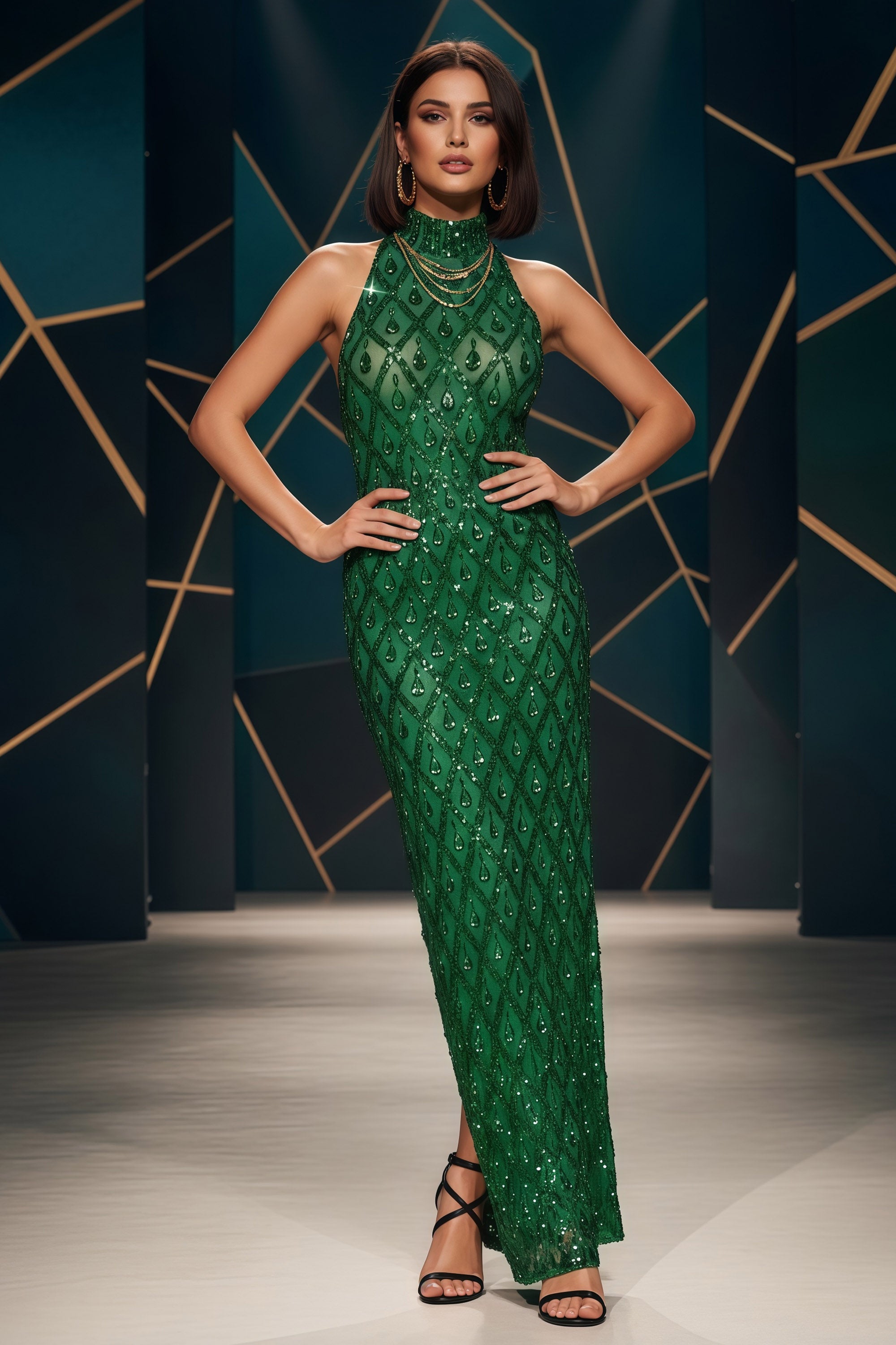 High Neck Halter Gown with Diamond Geometric Crystals