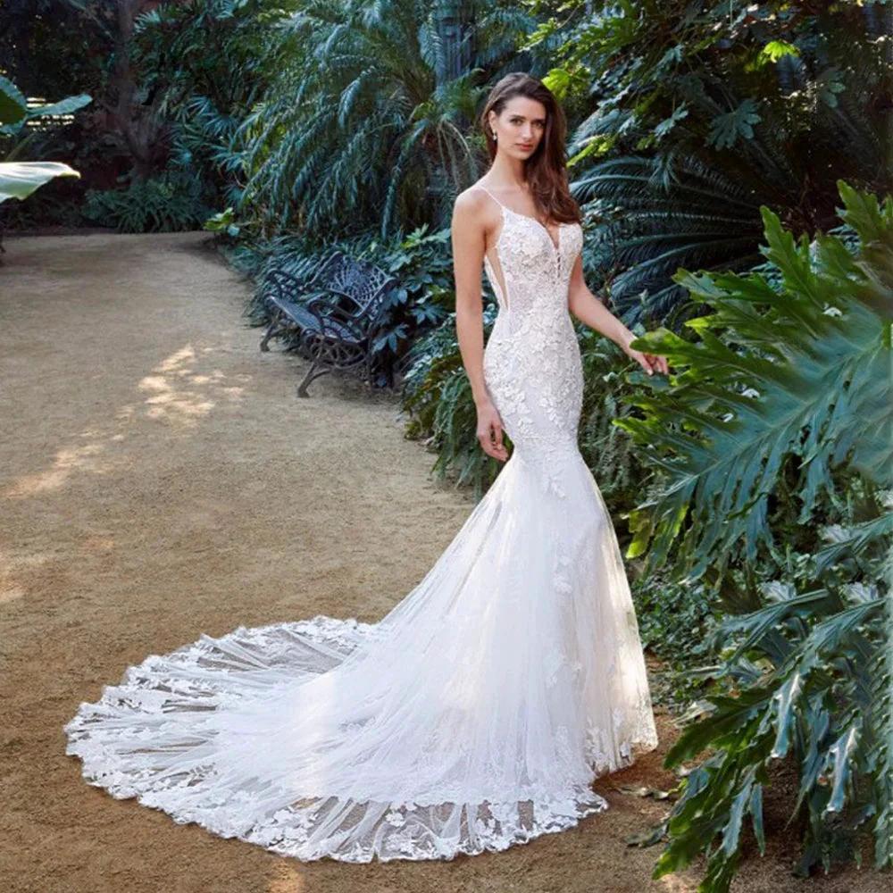 Charming V-neck Brides Wedding Dresses Mermaid Spaghetti Straps Lace Appliques Backless Suknia Slubna Made To Order by payinti
