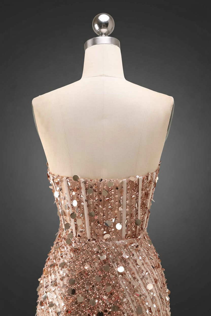 Sparkly Gold Fully Beaded Prom Dress with Deep V Neck Slit and Open Back (ZD17393)