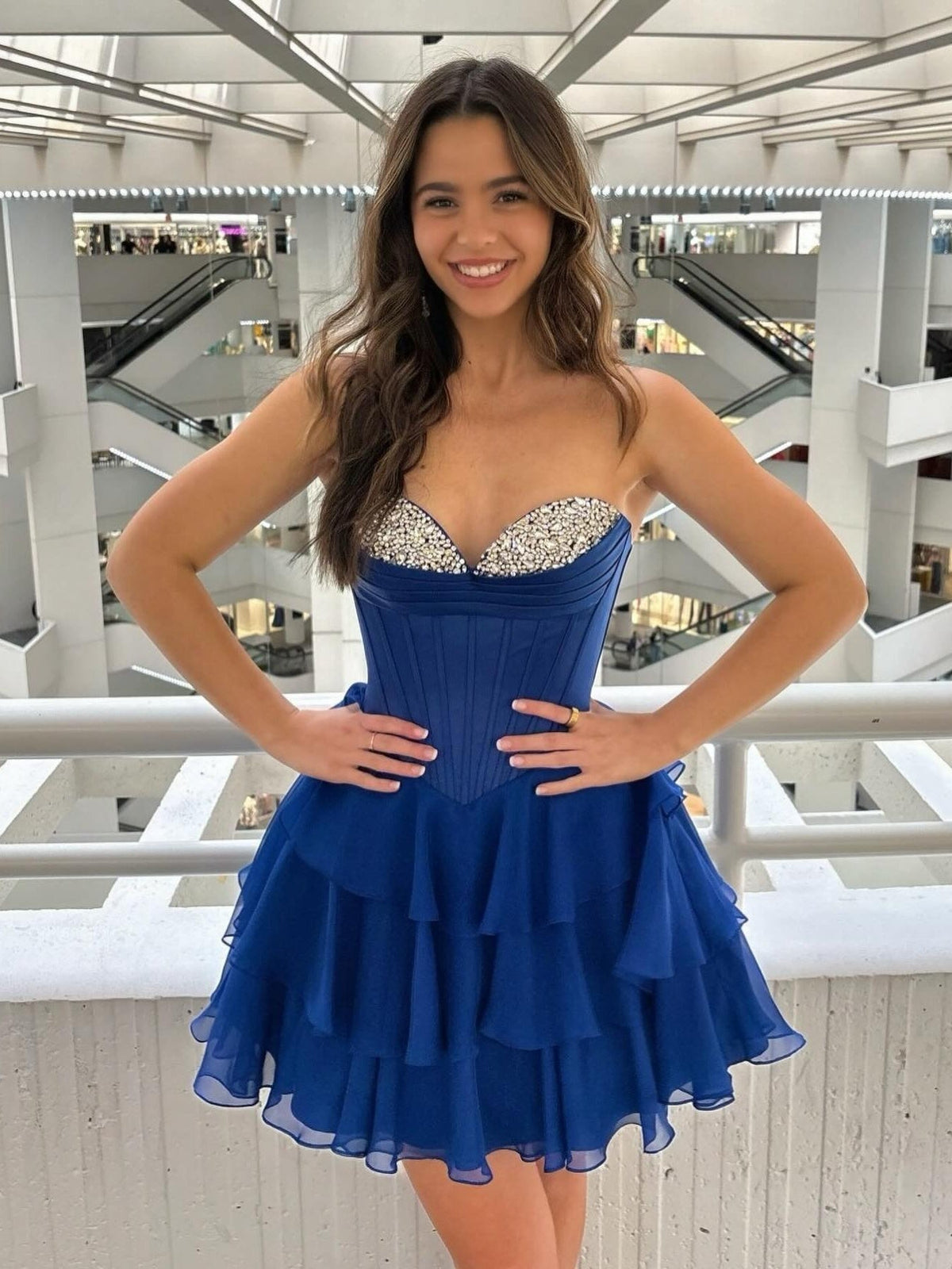 Cute A-Line Sweetheart Navy Corset Homecoming Dress with Beading - FashionDia