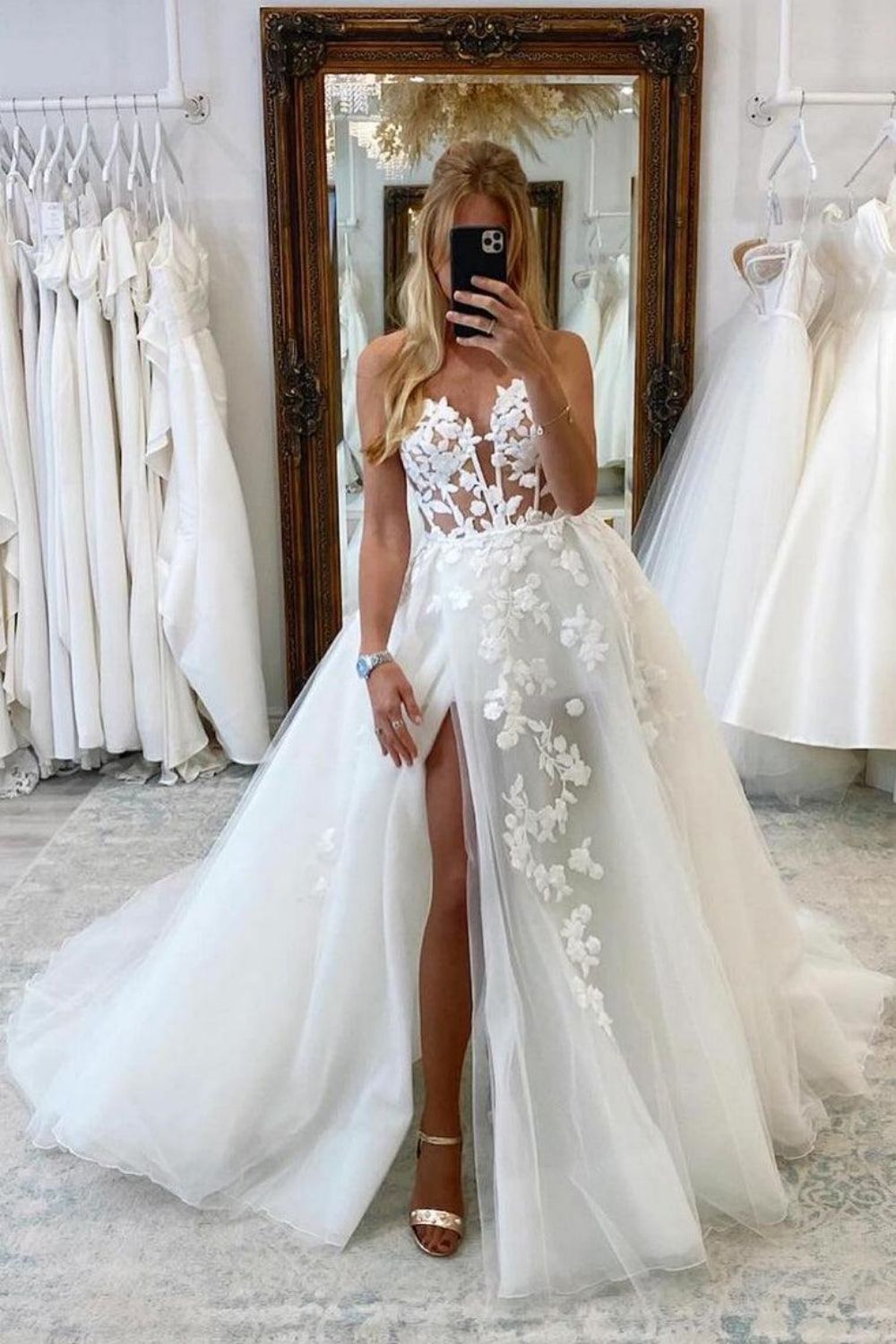 Beautiful A-Line Sweetheart White Tulle Long Wedding Dress with Appliques - FashionDia
