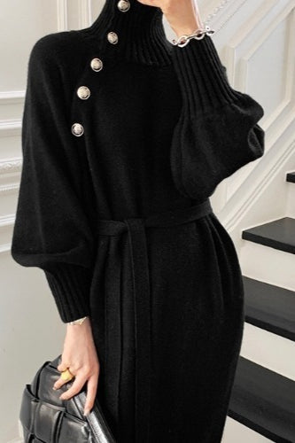 Tie Waist Knit Turtleneck Long Sweater Dress - View 5 | VelvetHem
