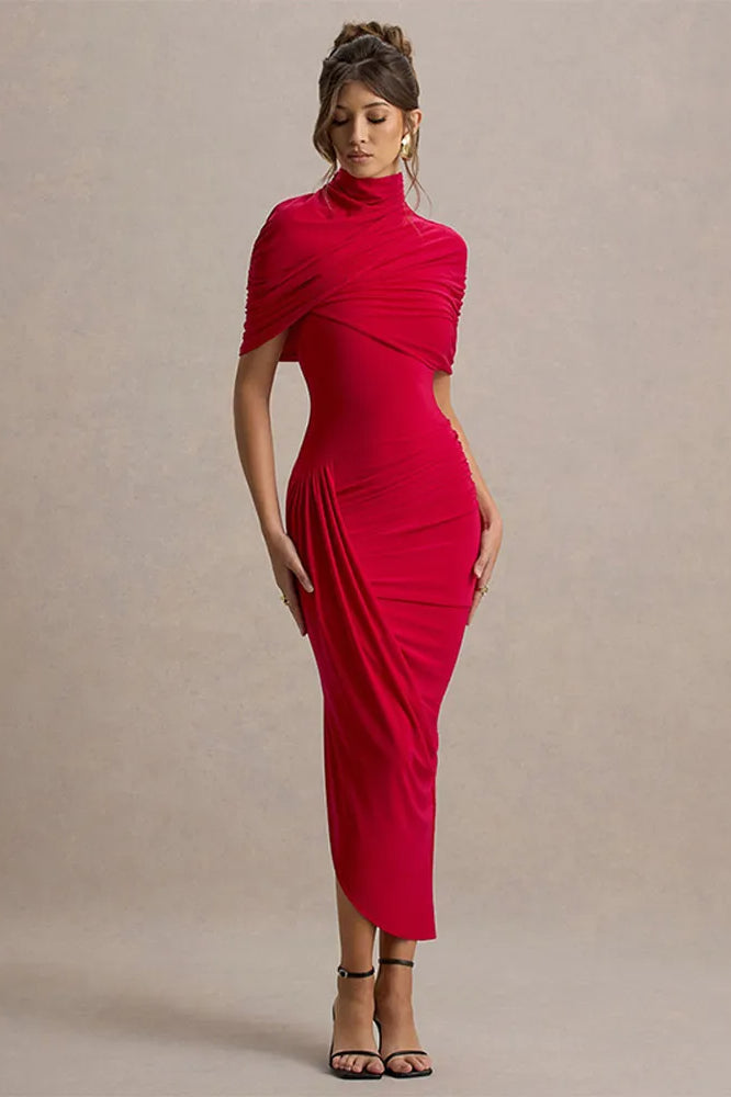 Solid High Neck Pleated Slim Waist Maxi Dress