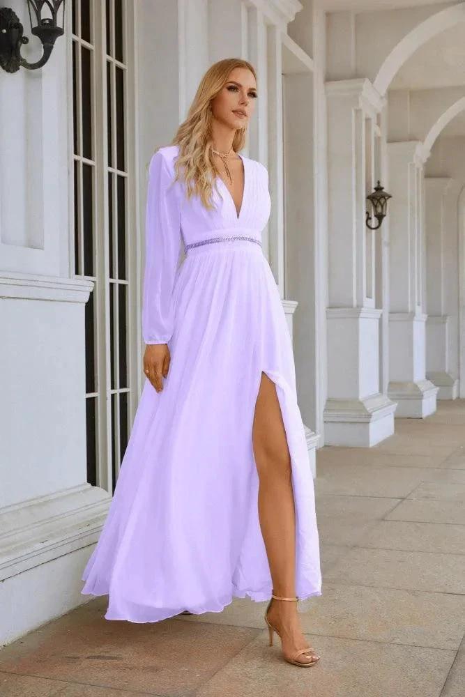 Ladies V Neck Chiffon Long Sleeve Front Slit Bridesmaid Evening Dress Wedding Party Shopping Evening Dress 28109 by numbersea