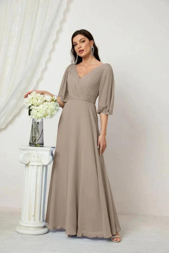 Numbersea Formal Prom Gown Women V-Neck Chiffon Bridesmaid Dresses Long Bishop Sleeve Party Dress 2807 by numbersea